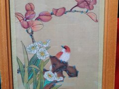 Pictura veche chinezeasca pe matase, cu sigiliu